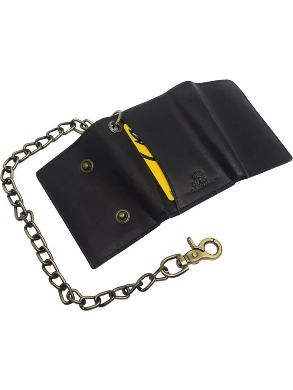 Vintage Leather Biker Chain Wallet - RFID Blocking Trifold with Snap Closure